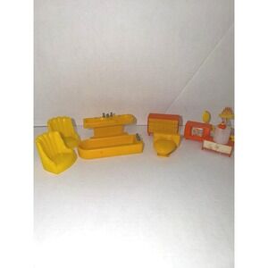 Vintage 70s Dollhouse Furniture Lot Yellow Orange Bathroom Bedroom Kitchen TV